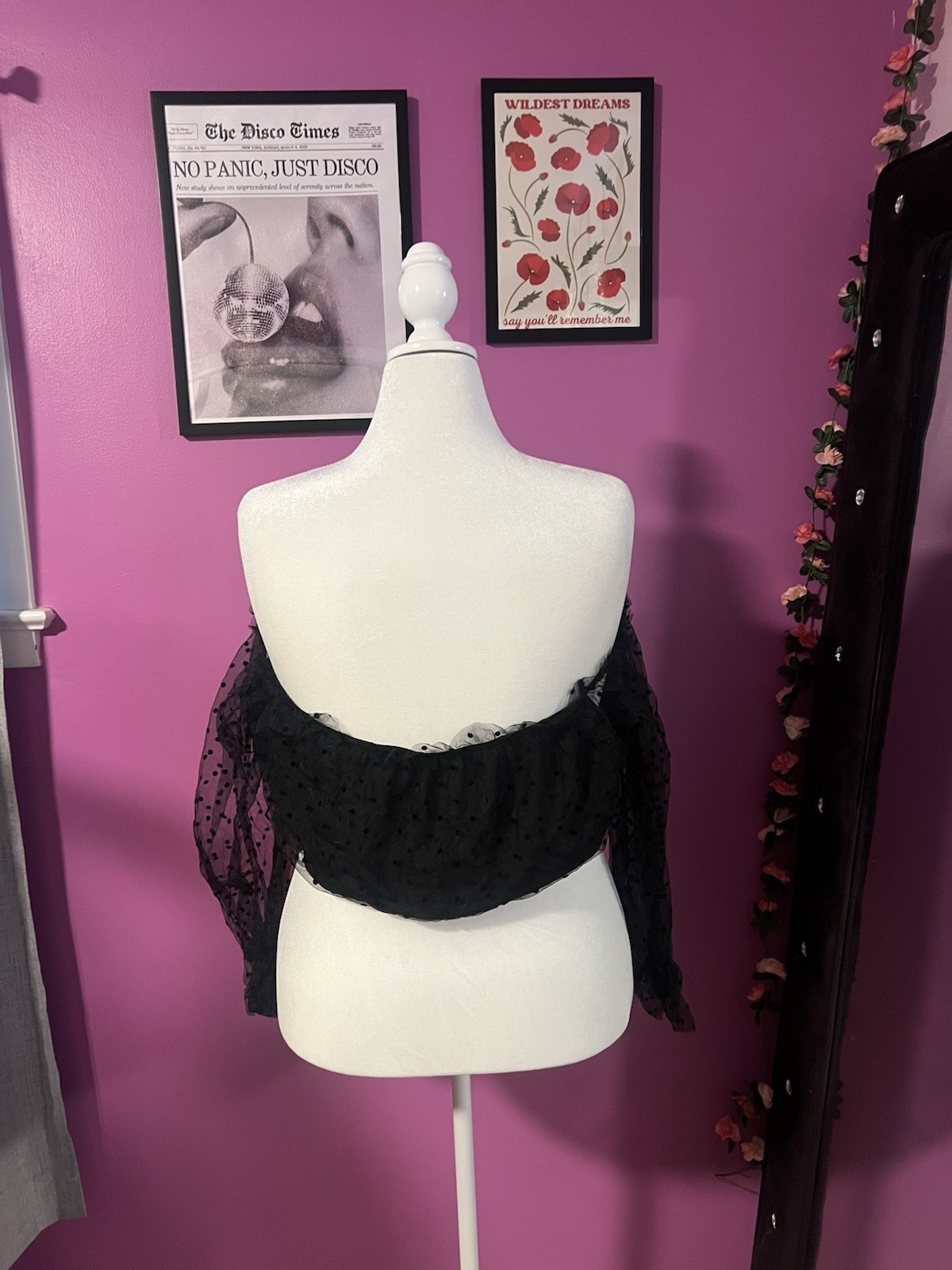 SHEIN Black Sheer Mesh Off Shoulder Polka Dot Ruffle Puff Sleeve Blouse 4XL