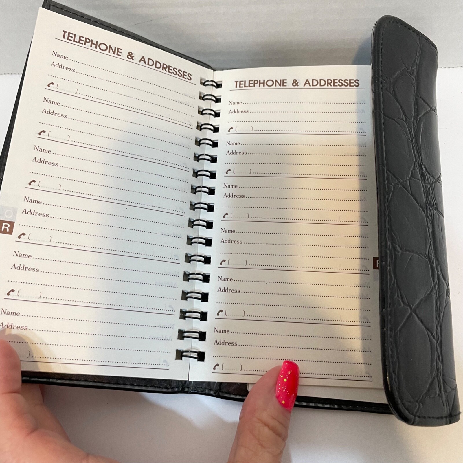 Vintage Faux Croc Embossed Black Leather Address Phone Memo Organizer 6.75×4″