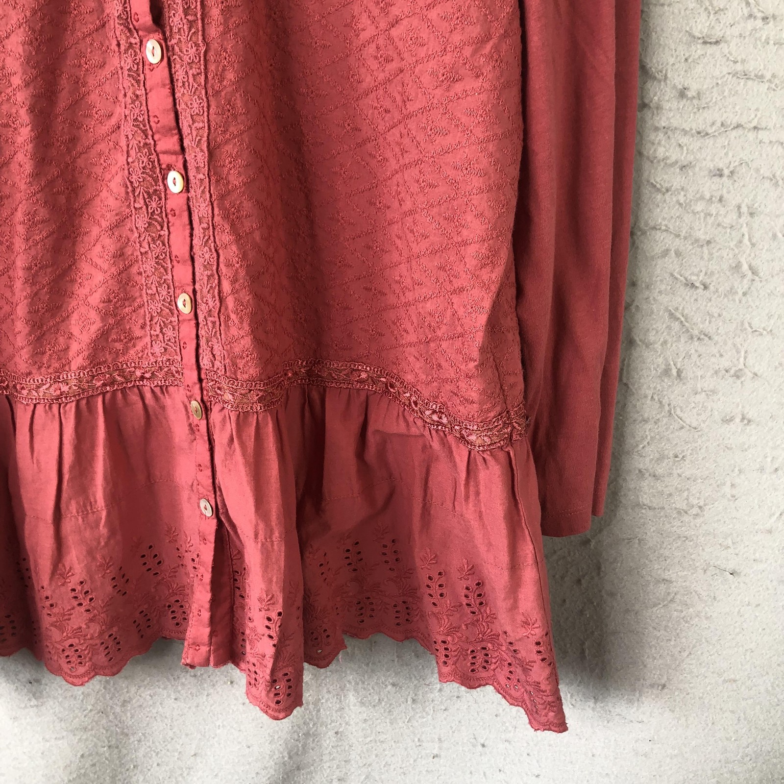 LOGO Lavish Top Womens M Pink Embroidered Feminine Boho Eyelet Peplum Festival