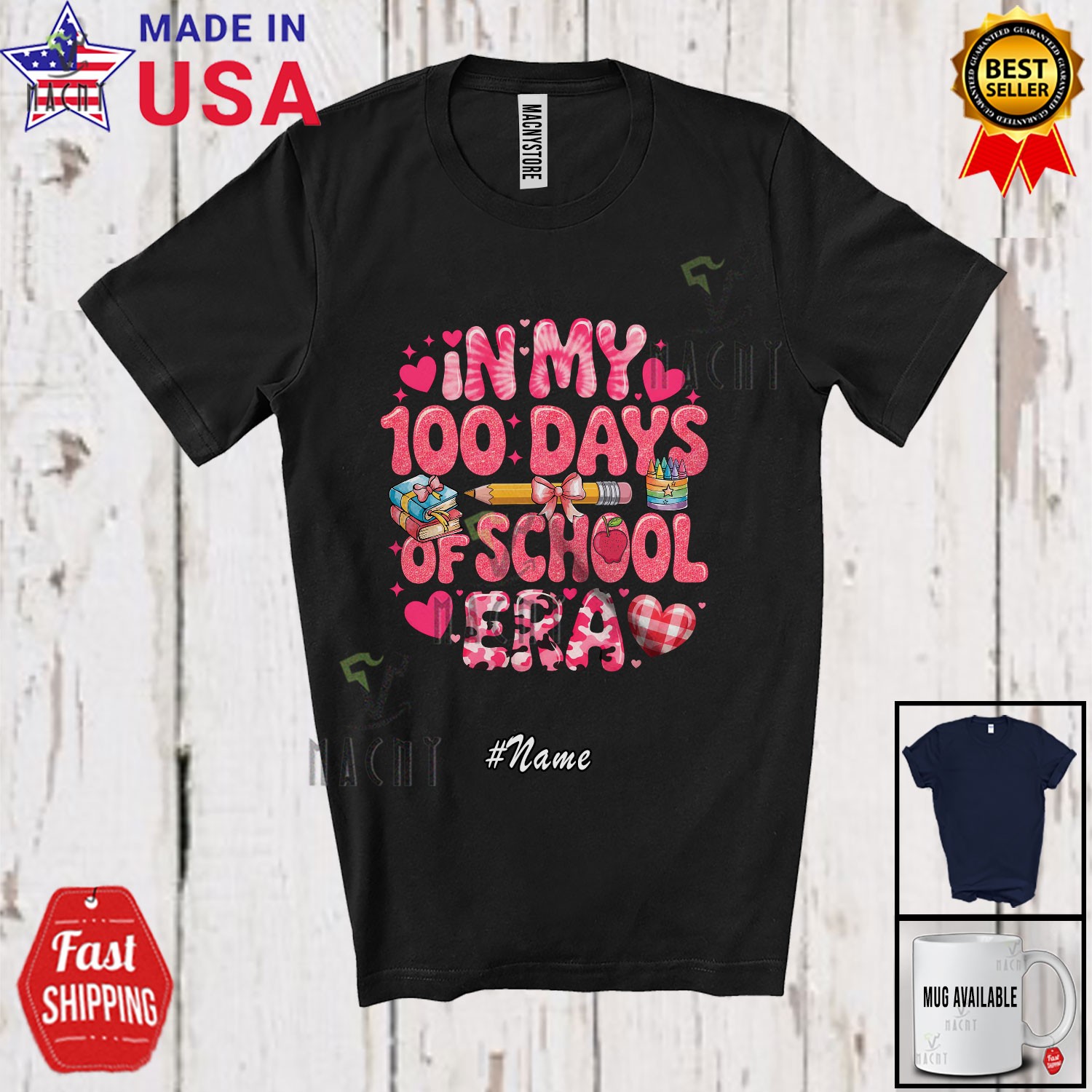 Custom Name My 100 Days of School Era; Pink Pencil; Girls Student Teacher Shirt