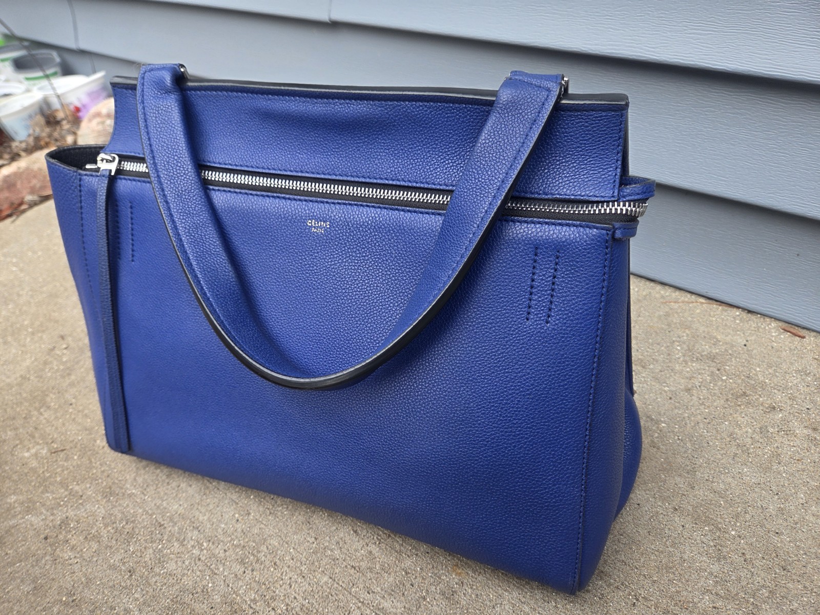 Celine Edge Medium Shoulder Bag Leather Cobalt Blue Silver Used Authentic Certif