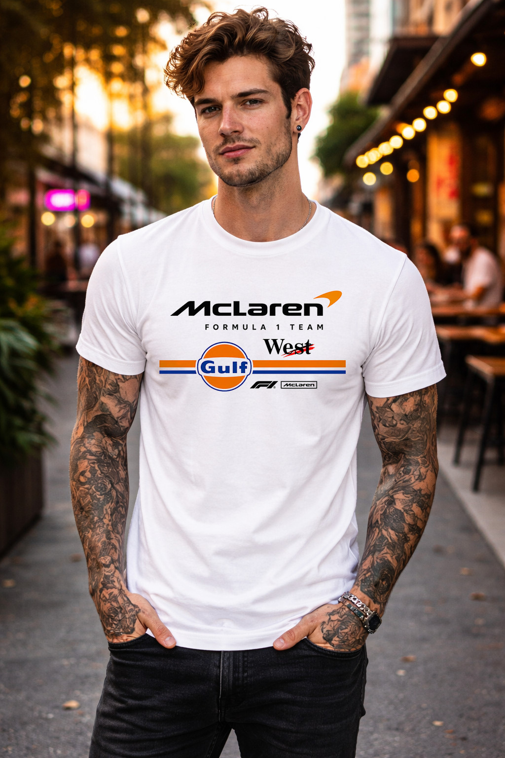 McLaren Formula 1 Gulf West Racing Graphic Print T-Shirt Mens White Tee
