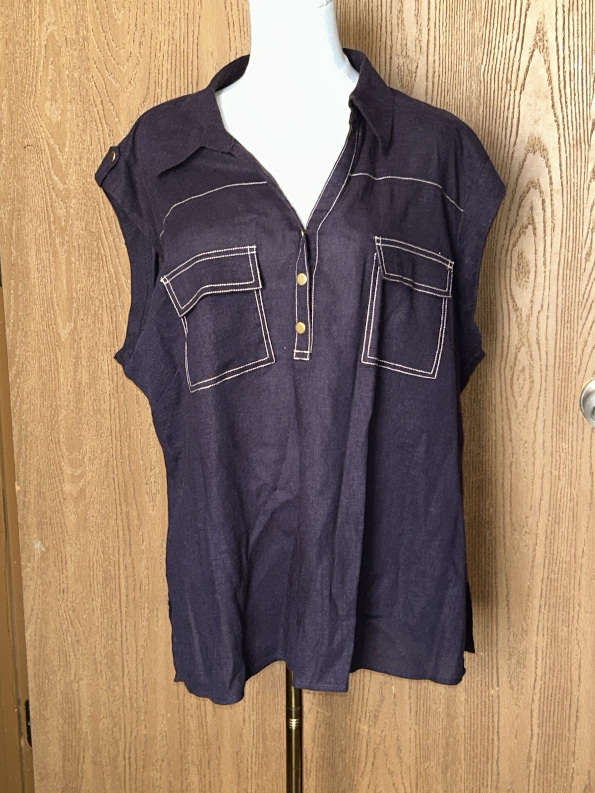 Carole Little Woman Linen Blend Contrast Stitch Utility Blouse Top Navy Size 2X