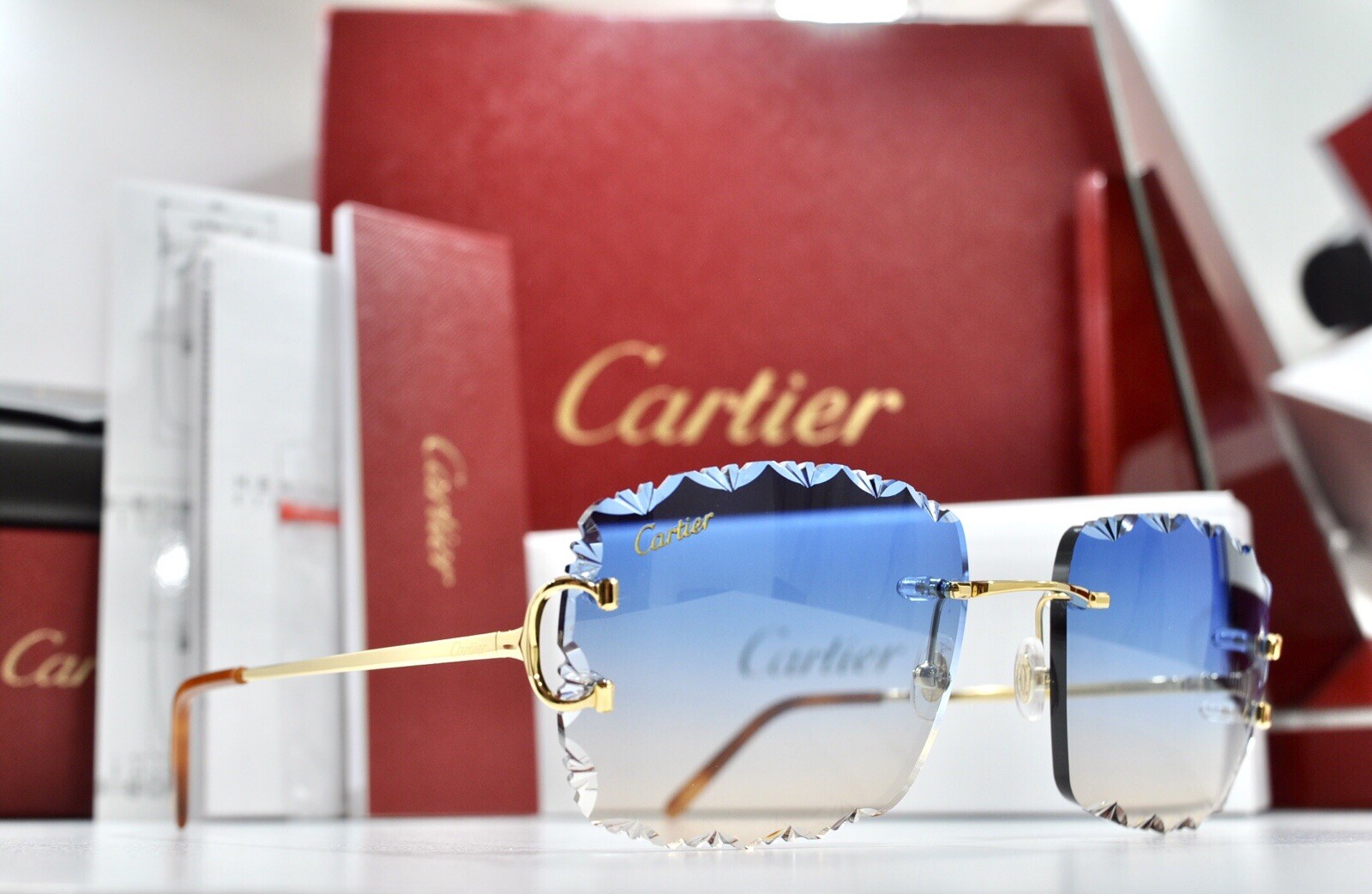 New Cartier rimless sunglasses fred glasses Diamond Cut decor BIG C gold Frame