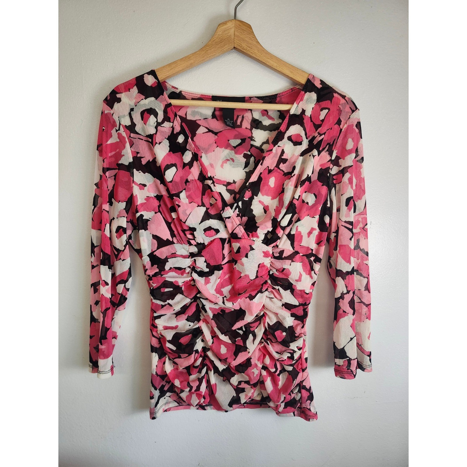 INC International Concepts Pink Floral Mesh Ruched Surplice Top XL Y2K