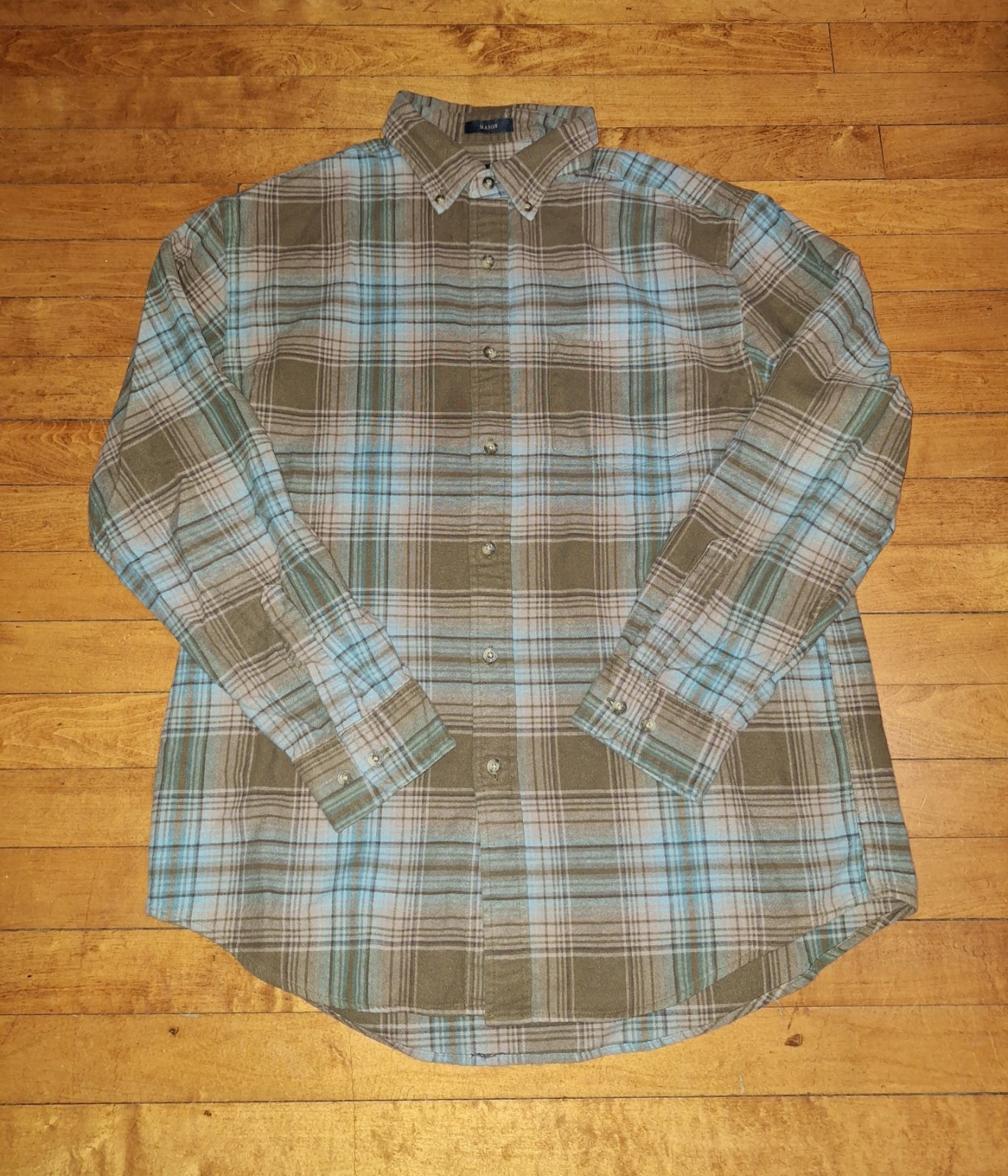Pendleton Mason Flannel Button Down Shirt Plaid Brown Blue Tan Mens Large