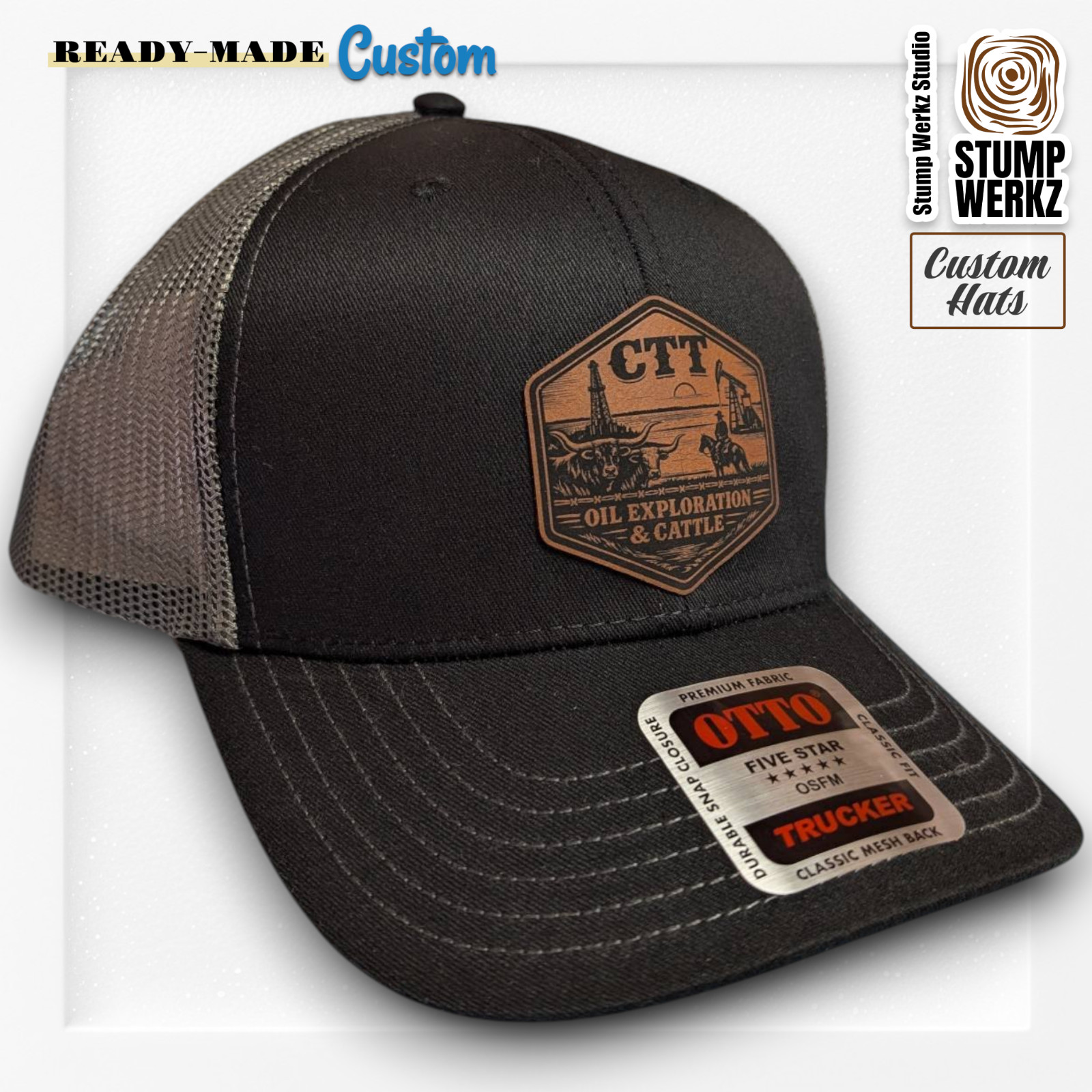 Custom Hat Trucker Baseball Cap Leather Patch CTT Oil Exploration & Cattle Texas