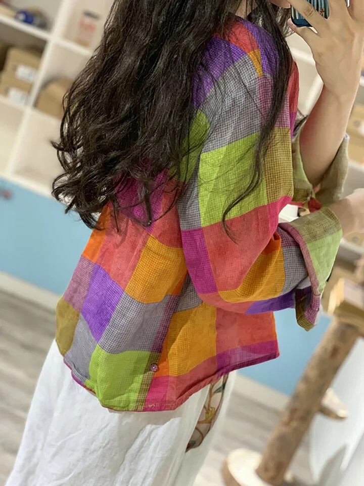 Buykud Irregular Plaid 100% Ramie Button Blouse Shirt Colorful Long Sleeve XL