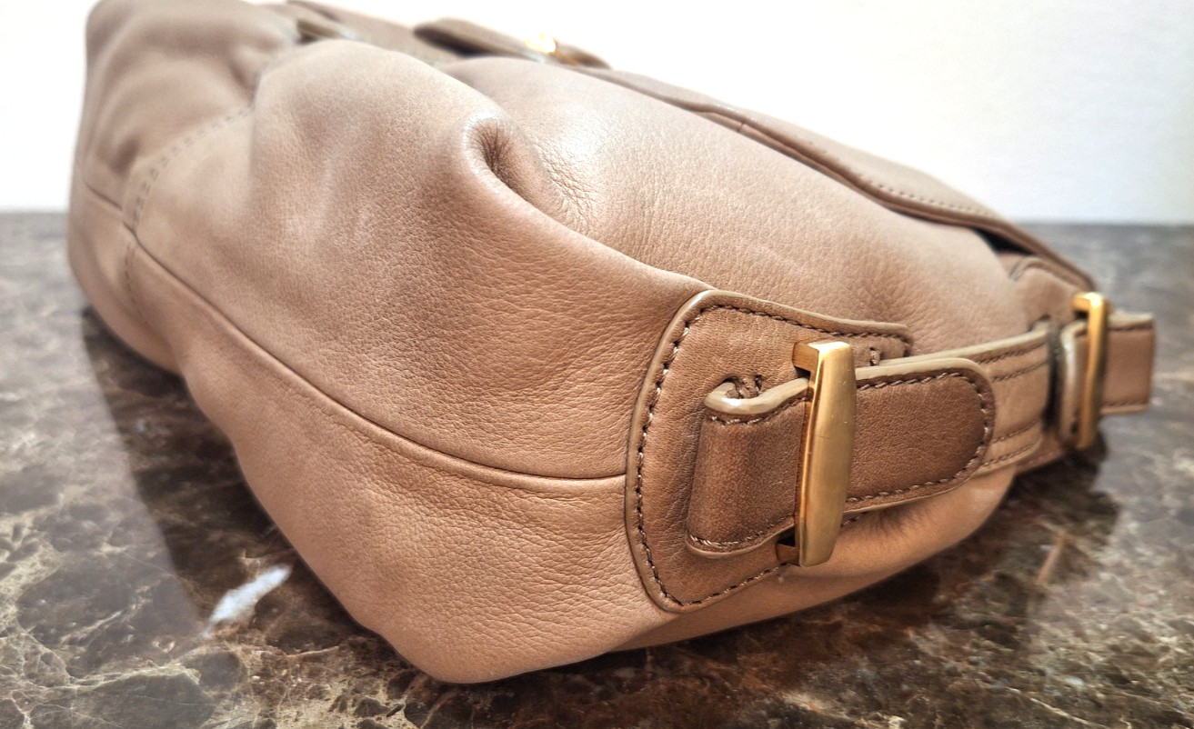 B. MAKOWSKY Taupe Leather Shoulder Hobo Bag Gold Bow Shaped Buckle NWOT