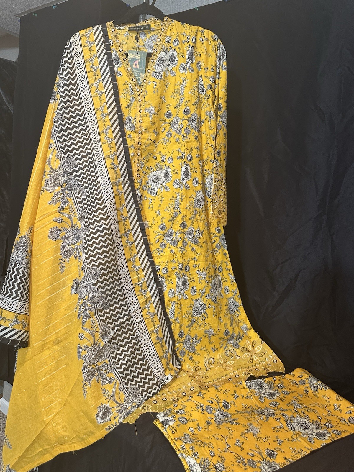 Premium Lawn Cotton 3 Pc Suit-Bin Saeed ,Cut Work Emb- Aline Style-M & L – $44