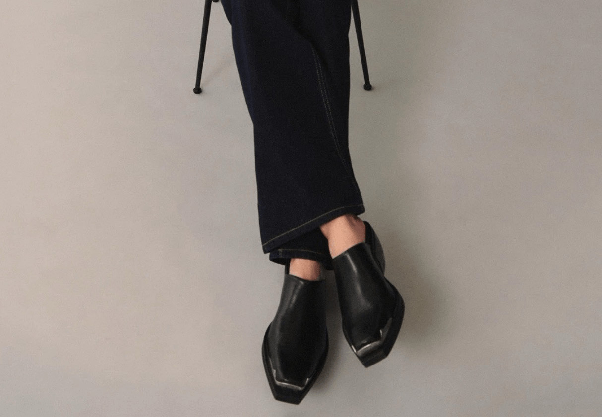 MNG Mango $219 Black Leather Western Mule Metallic Toe Womens 37 NEW