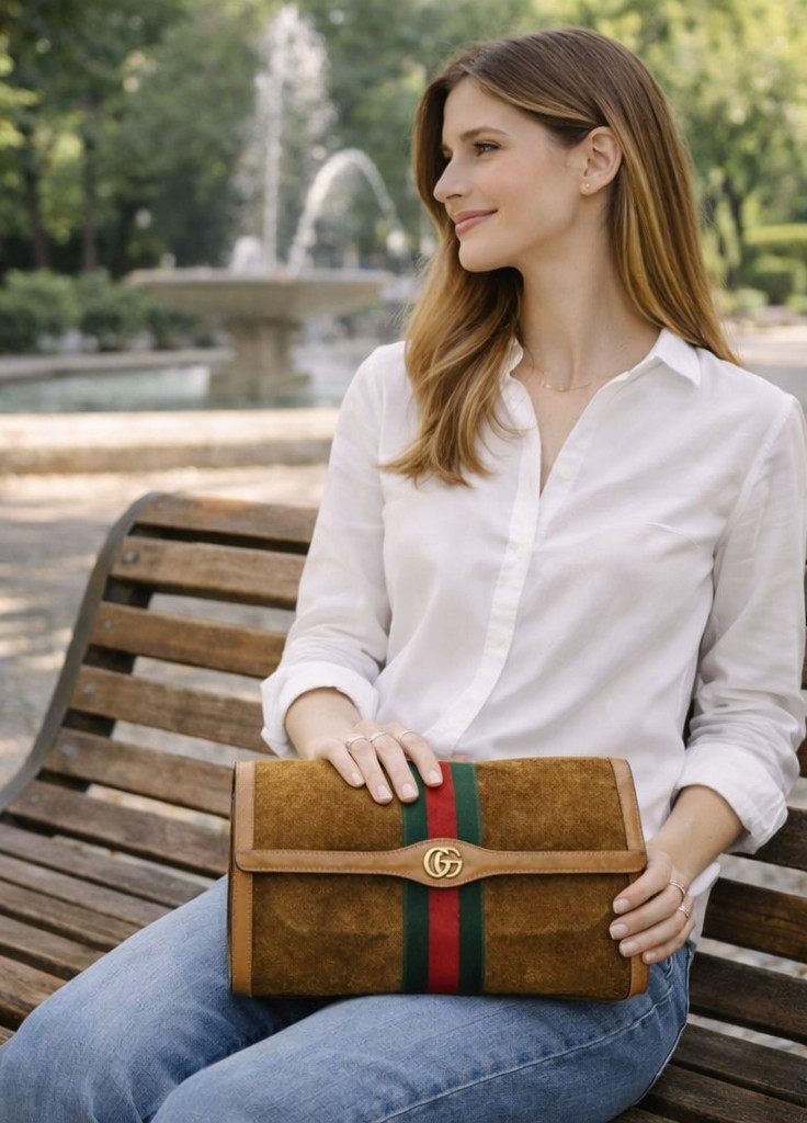 GUCCI VINTAGE Web Stripe Clutch Suede Leather Camel Large Rare Authentic