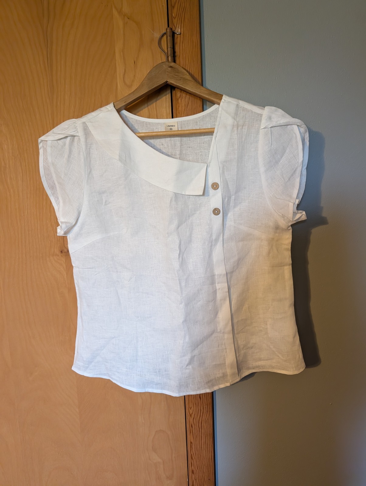 Lintico 100% Linen Crescent Collar Flutter Sleeve Top FARA Women’s M Optic White