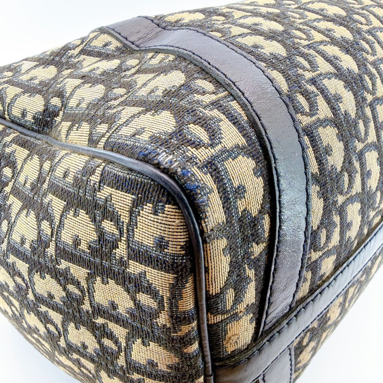 Auth Christian Dior Trotter Pattern Canvas Beige Navy Boston Bag 303Q1