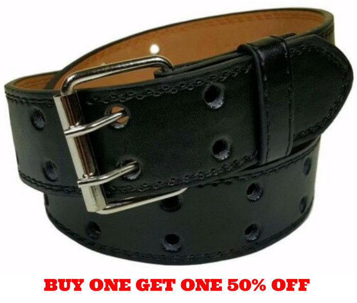 Men’s Women’s Genuine Leather Two Prong Double Row Holes Casual Plain Black Belt