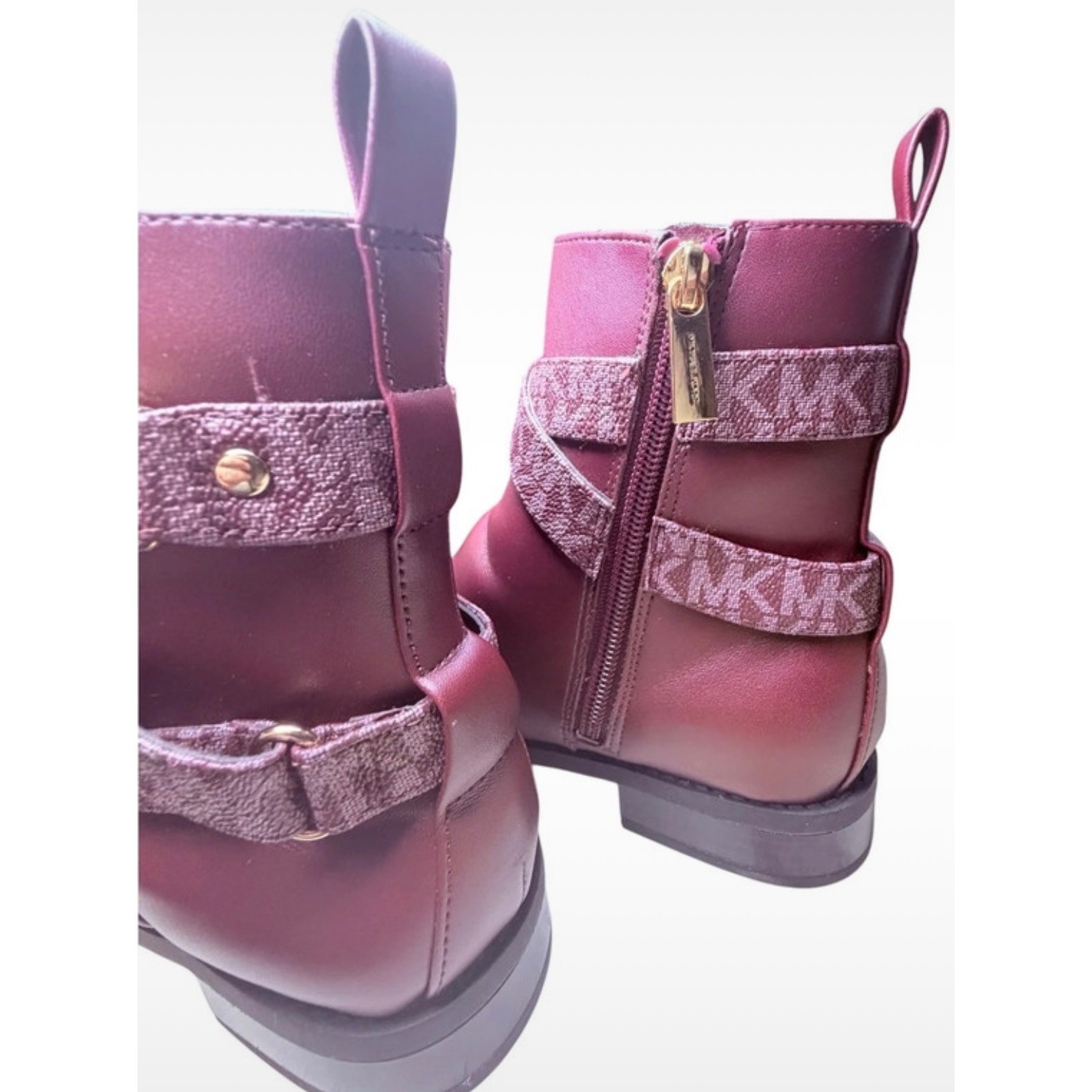 Michael Kors Womens Merlot Monogram Ankle Boots Gold MK Logo Buckle Side Zip
