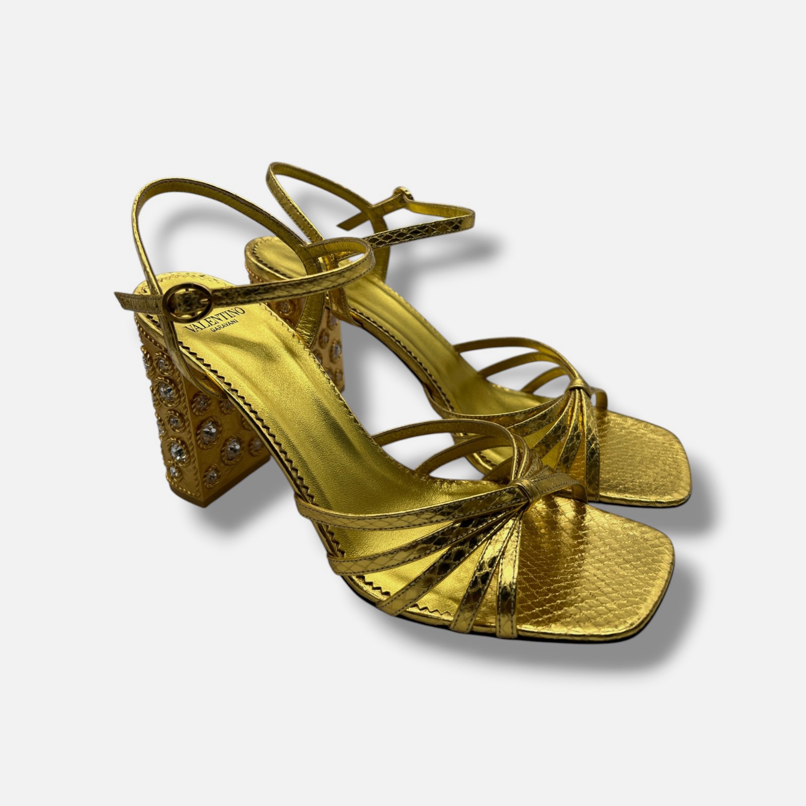 Valentino Garavani Women’s Gold Sandal In Laminated Ayers With Crystals Size 40