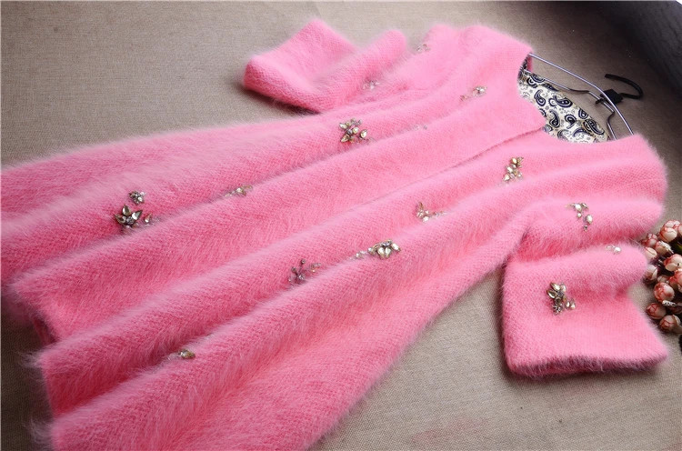 Women Thick Beading Angora Rabbit Fur Half Sleeves Slim Cardigans Sweater Coat