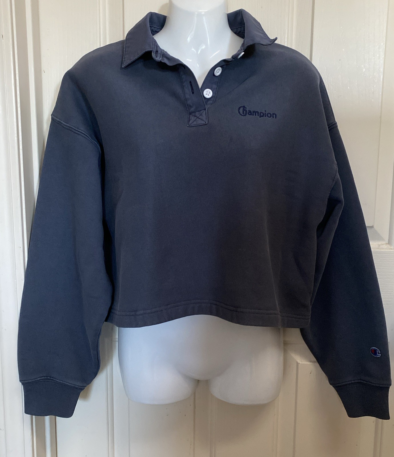 CHAMPION Blue Collared Crop Top Polo Shirt Long Sleeve Preppy Oversized size XS