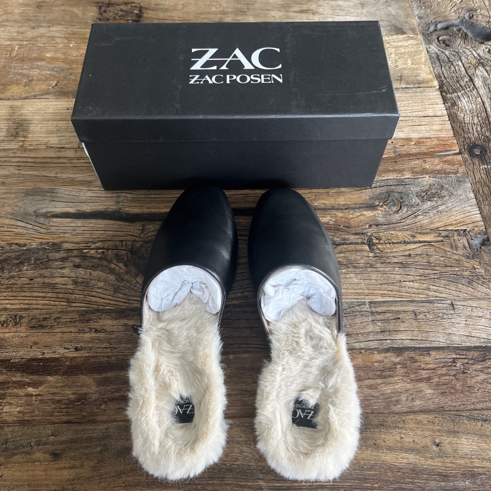 Zac Posen Winfield Black Leather Mule With Fur Size 8 1/2