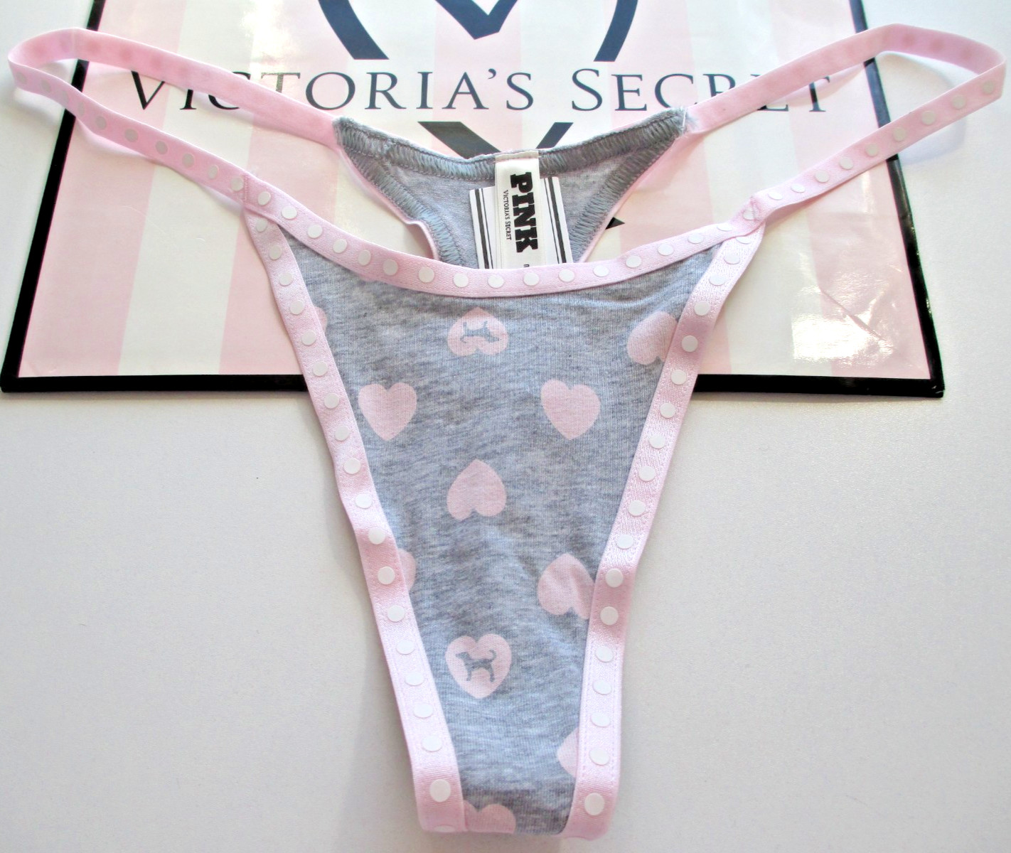 VICTORIA’S SECRET PINK Cotton High Leg Thong Panty S M L XL Gray Polka Dot Heart