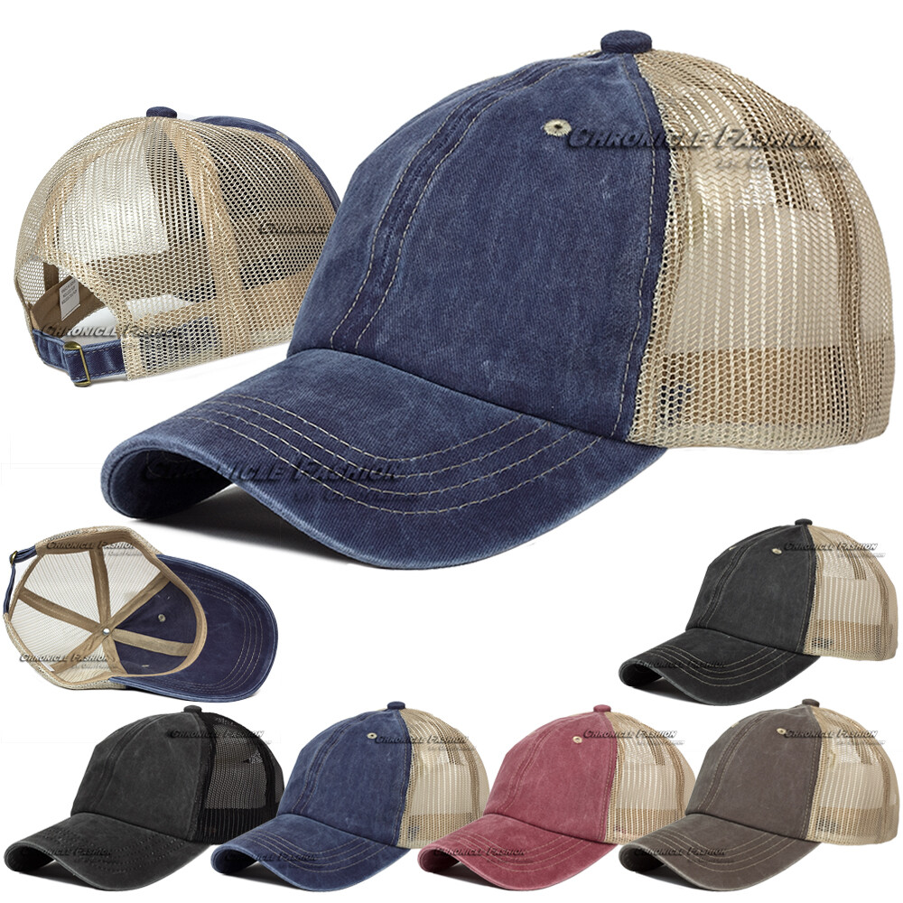 Trucker Hat Washed Cotton Mesh Back Baseball Cap Adjustable Solid Men Dad Hats