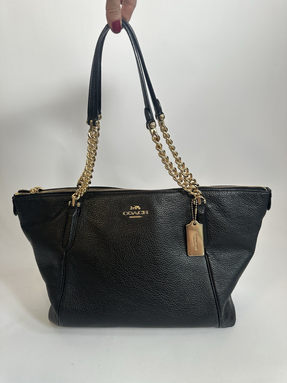 COACH Ava Chain Tote Crafted in Black Pebbled Leather