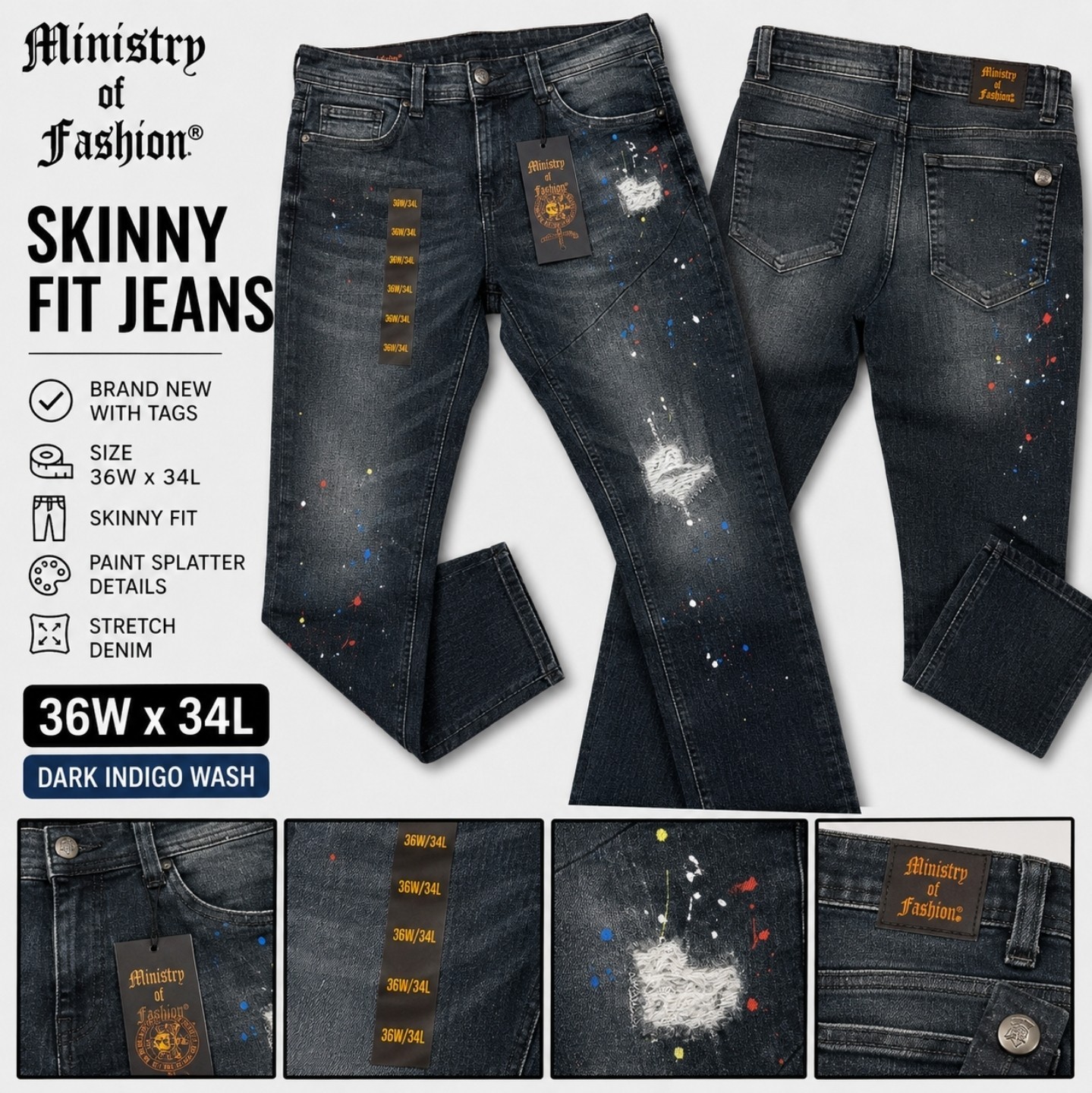 Ministry of Fashion Mens Dark Indigo Skinny Tapered Jeans Mid Rise 5-Pocket