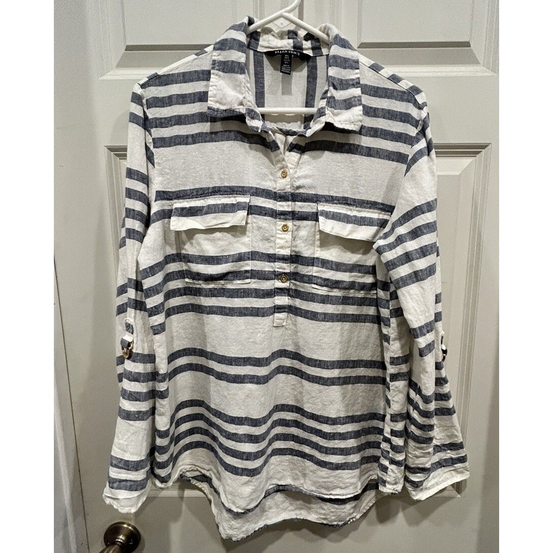 Ellen Tracy Womens Large 100% Linen Striped Roll Tab Sleeve Henley Top Coastal