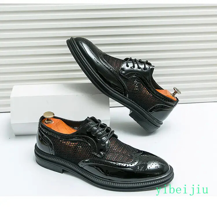Men’s Mesh Fishnet Wing Tip Carved Dress Formal Wedding Shoes Leather Summer Man