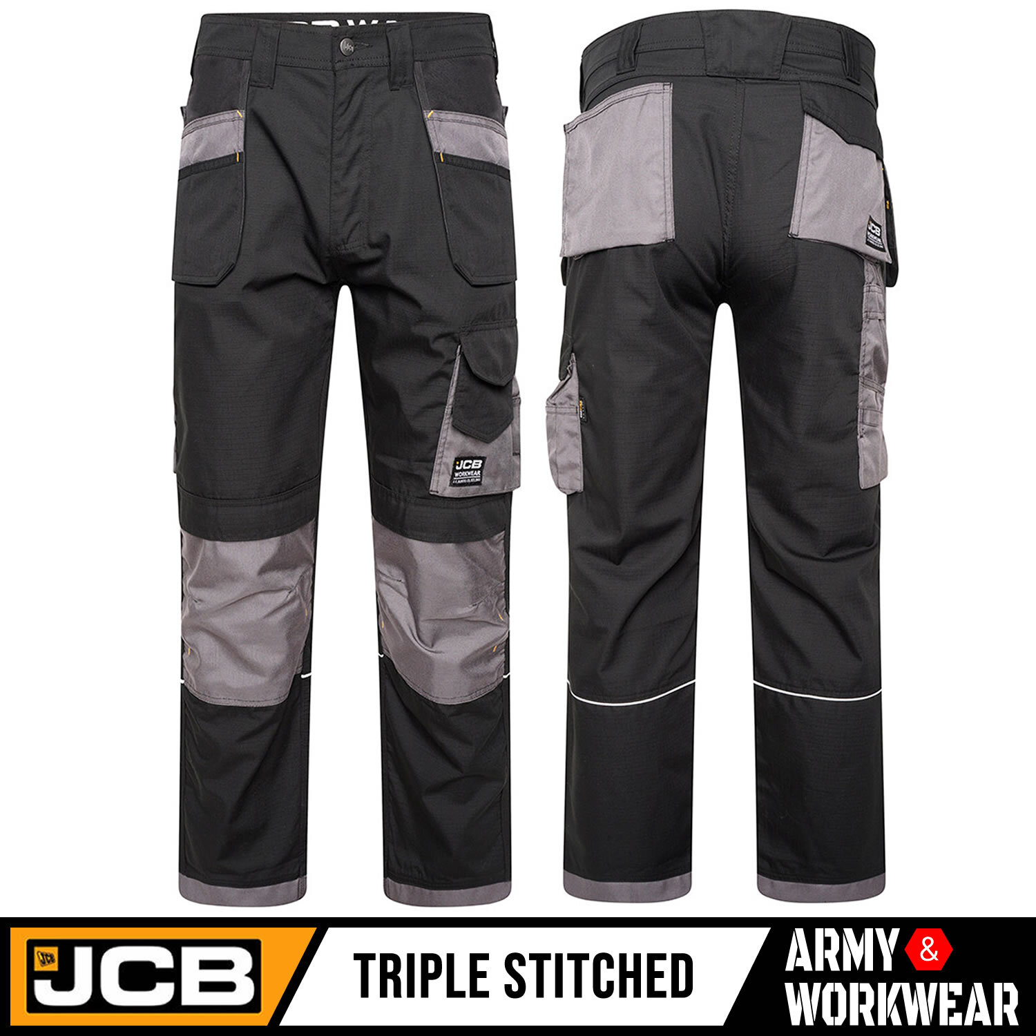 JCB Trade Plus Workwear RipStop Mens Work Trousers Cordura Knee Pad Pocket Pants