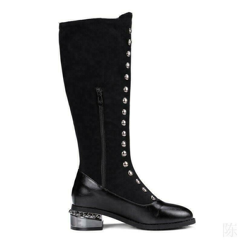 British Women’s Studded Pointy Toe Zip Knee High Boots Biker Gothic Riding Shoes