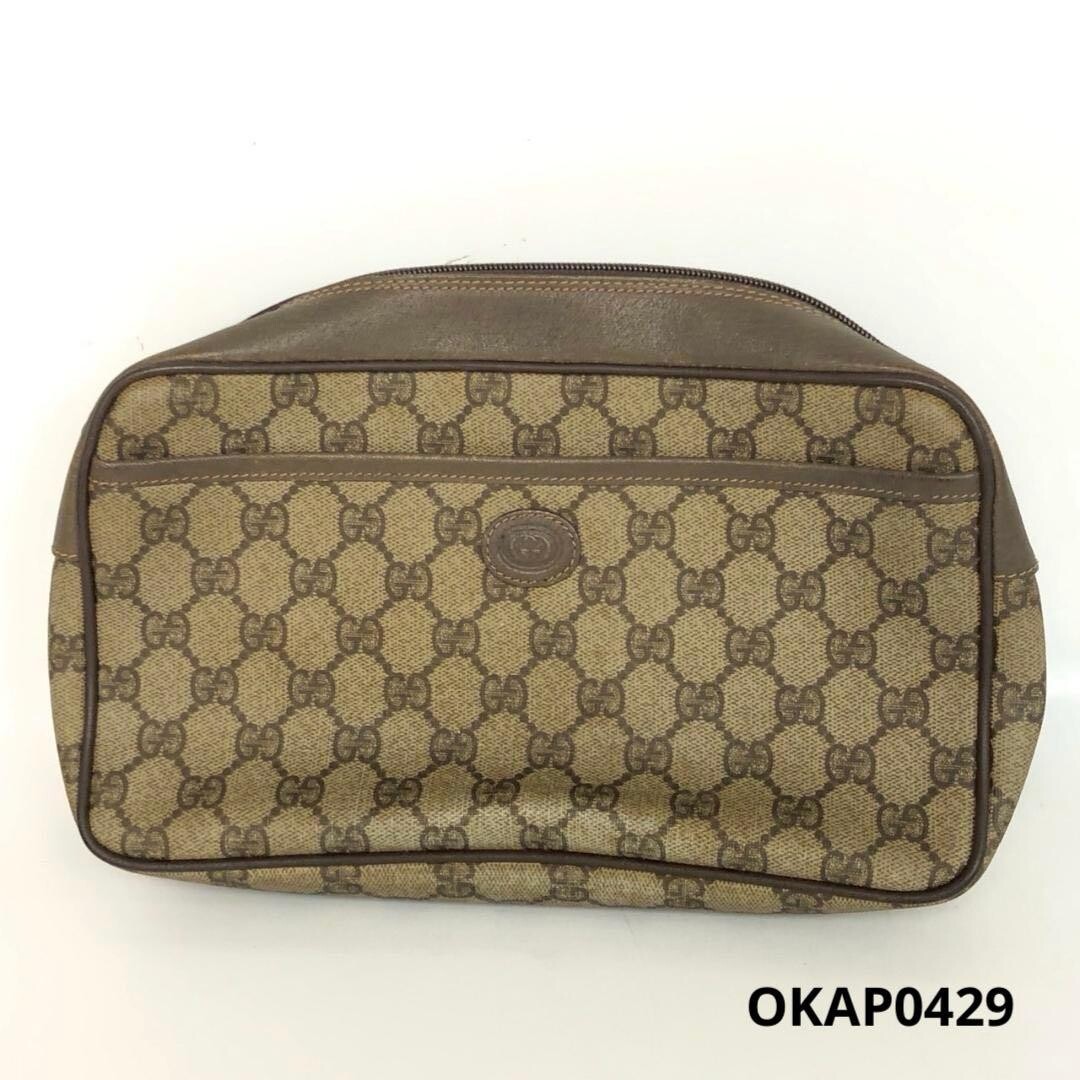 GUCCI Vintage GG Supreme Small Clutch Beige Canvas Leather Trim Wristlet Auth