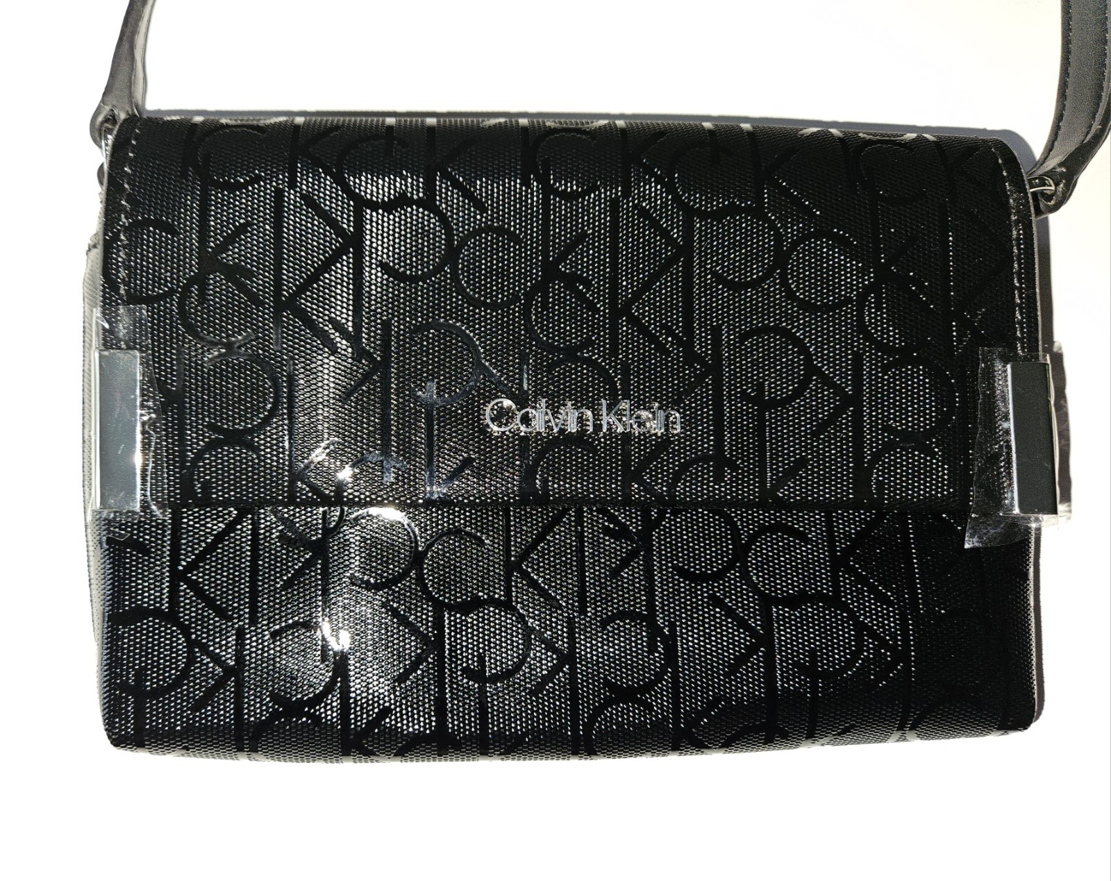 Calvin Klein Black Monogram Small Crossbody Snap/Zip, Adjustable Strap, Silver
