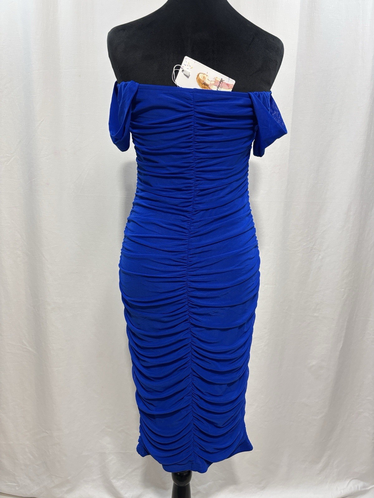 Off-Shoulder Ruched Midi Dress in Bright Blue formal wedding prom trendy party