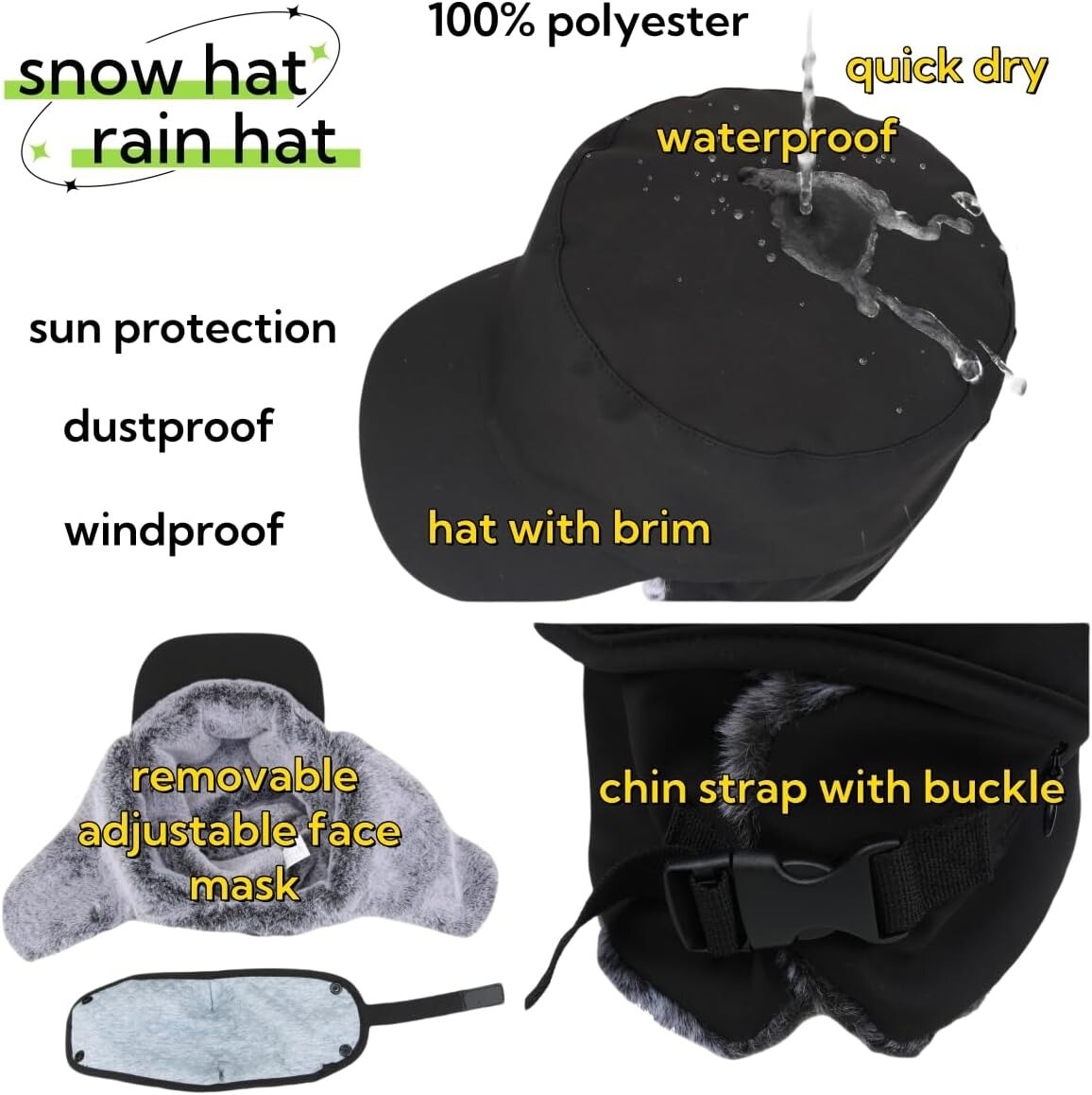 Winter 3 in 1 Thermal Fleece Lined Ski Hat with Ear Flap Full Face Warmer Cover