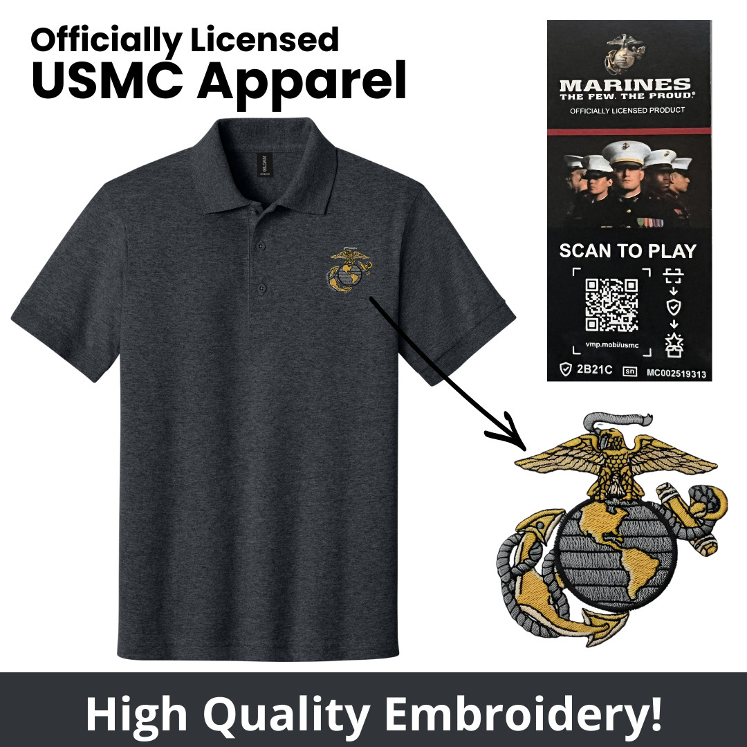 USMC EGA Eagle Globe Anchor Polo Shirt Dark Heather USMC Licensed -all sizes-
