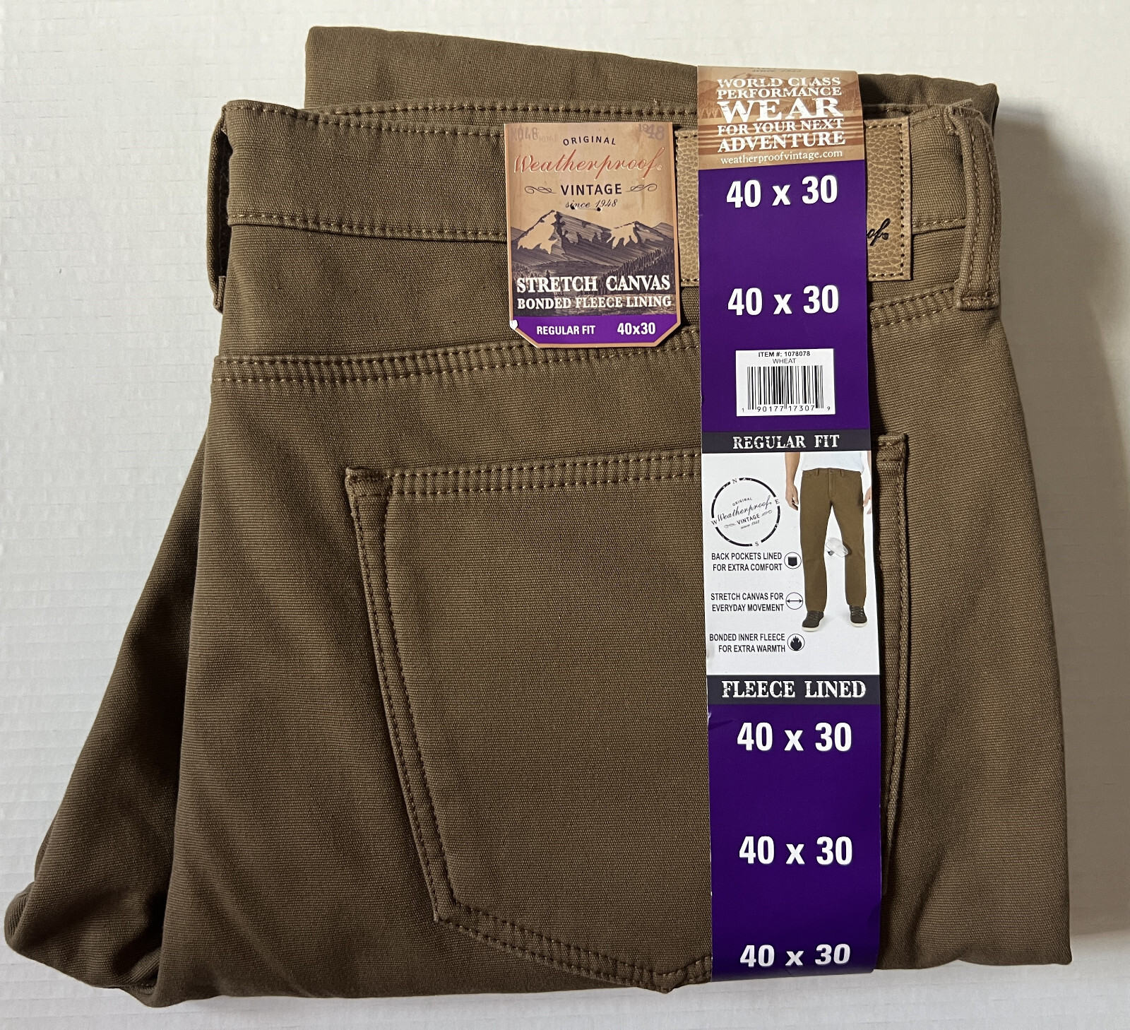 NWT WEATHERPROOF VINTAGE – Men’s NEW Stretch Canvas Fleece Lined Pants – 40×30