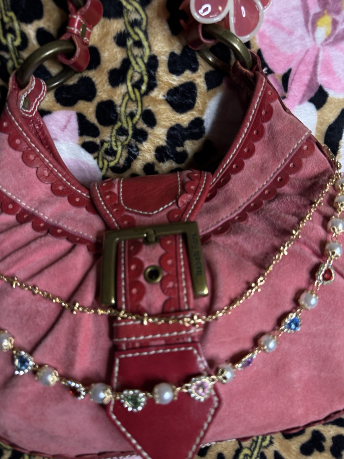 Isabella Fiore Pink/Red Shoulder Bag Top Handle Zip Buckle Beaded Chain Charm