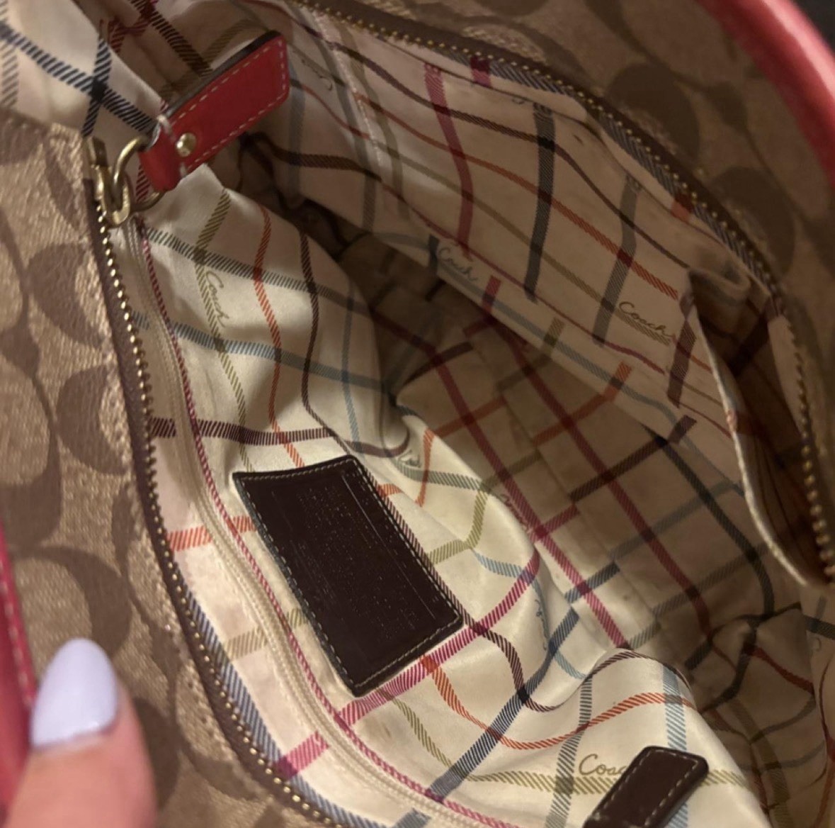 Authentic Coach 11349 Heritage Signature Stripe Tote Khaki Pink Shoulder Bag