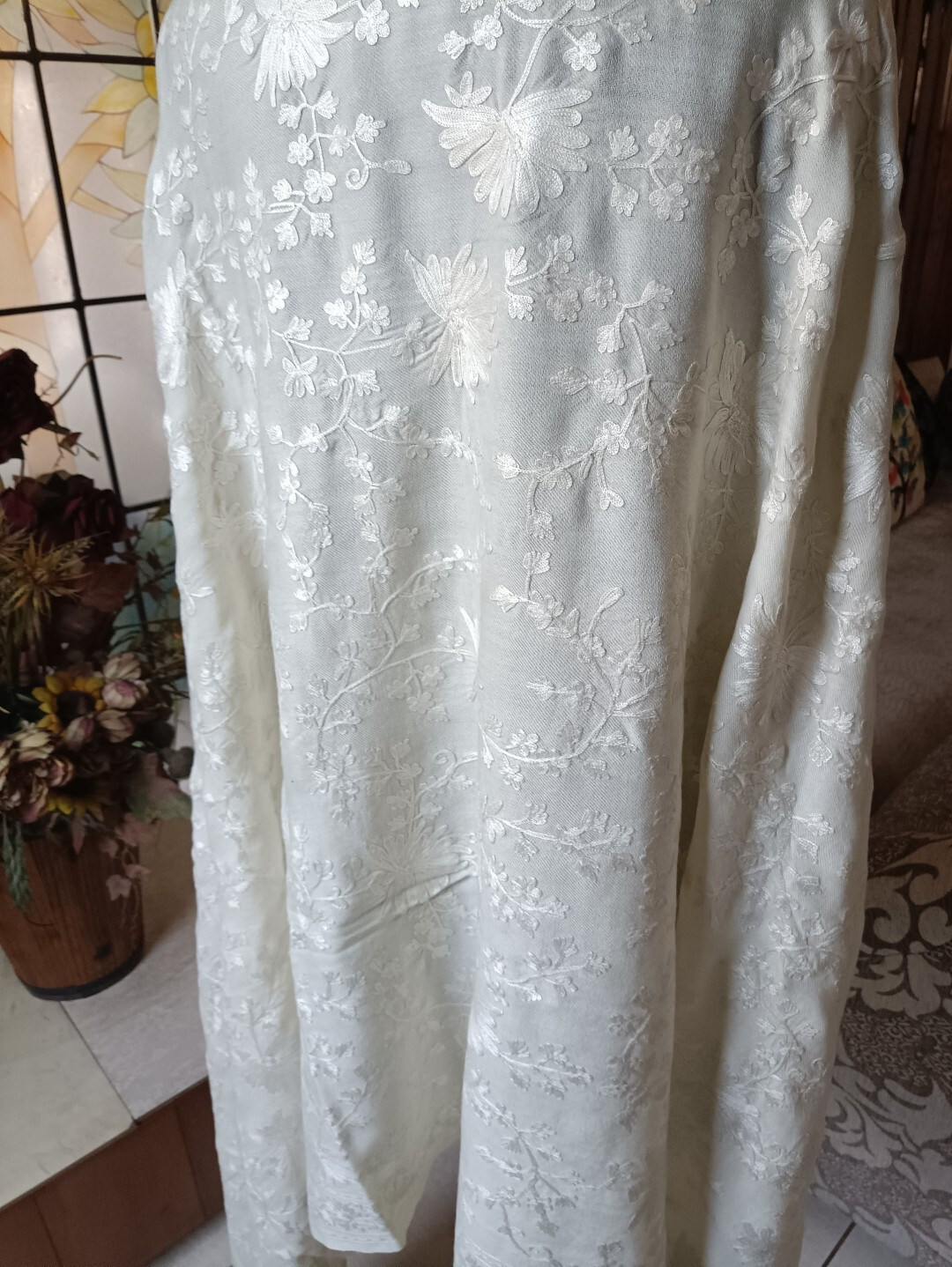 OFF-WHITE WEDDING SHAWL KASHMIR PASHMINA CREWEL EMBROIDERY 100% CASHMERE 38x78in