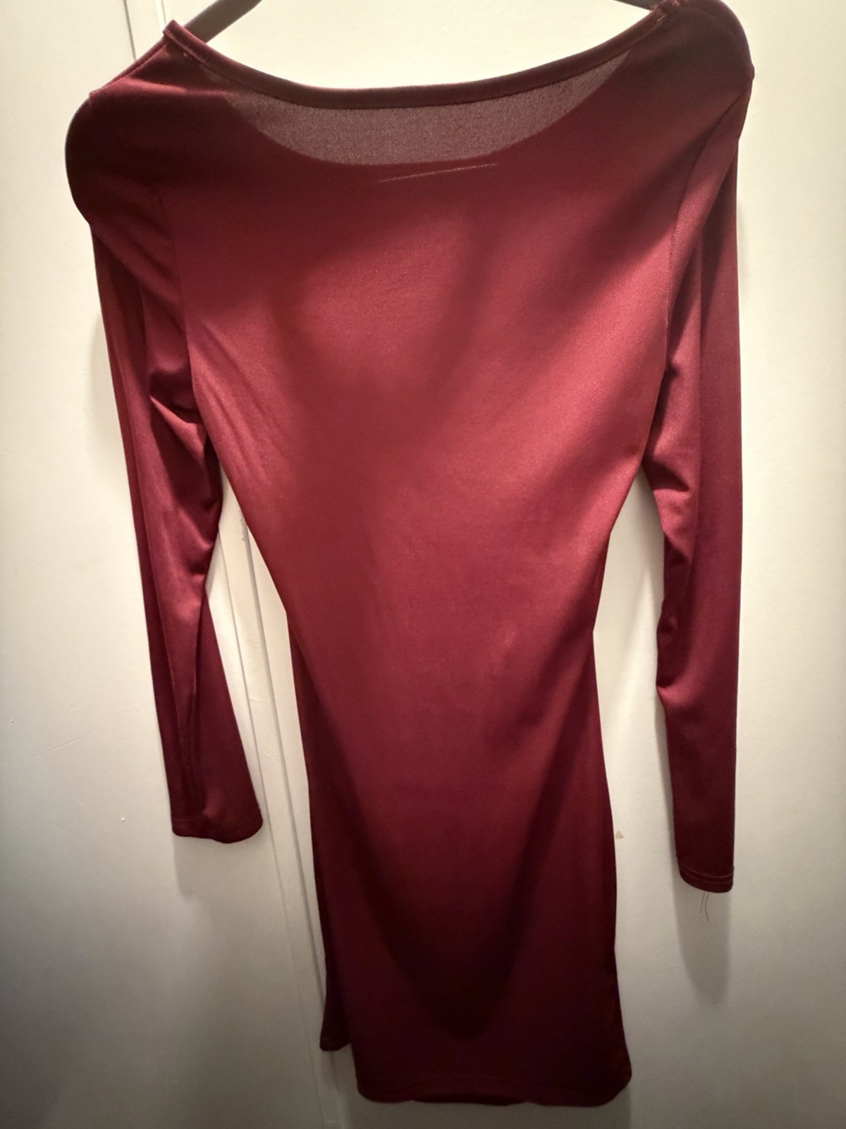 Maternity Burgundy Satin Twist Front Bodycon Mini Dress Long Sleeve Size S