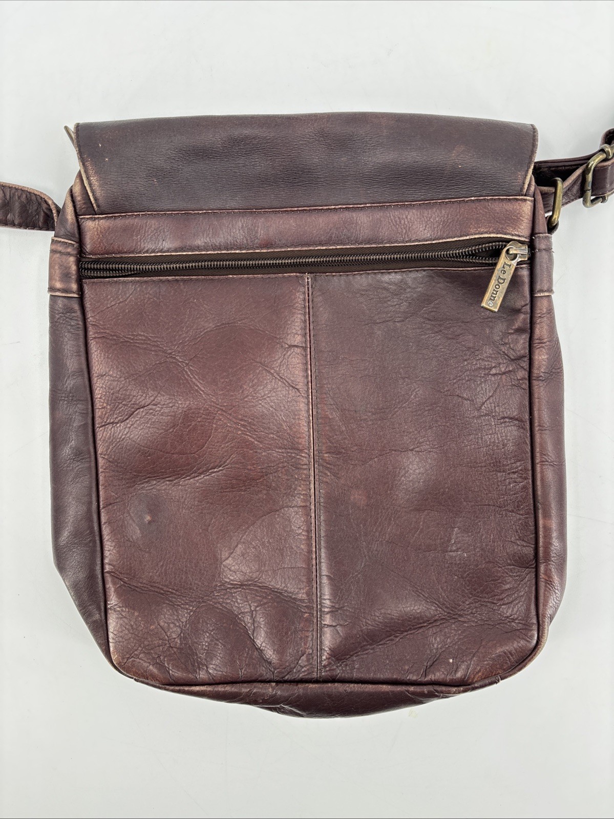 Vintage Le Donne Simple Brown Leather Flap Crossbody Purse/Bag 12”x9.5”