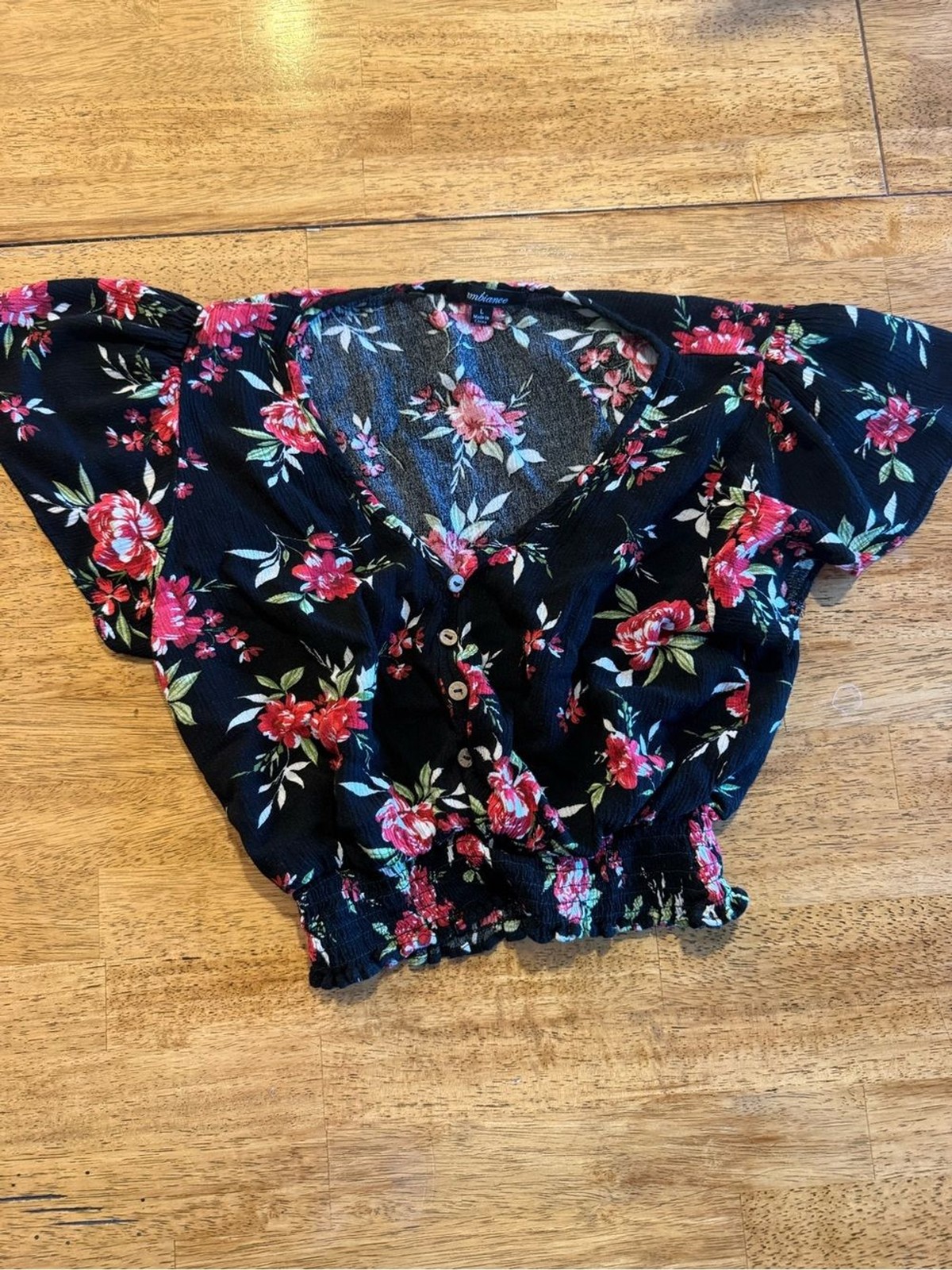 Ambiance Black Crop Top with Red Floral Print