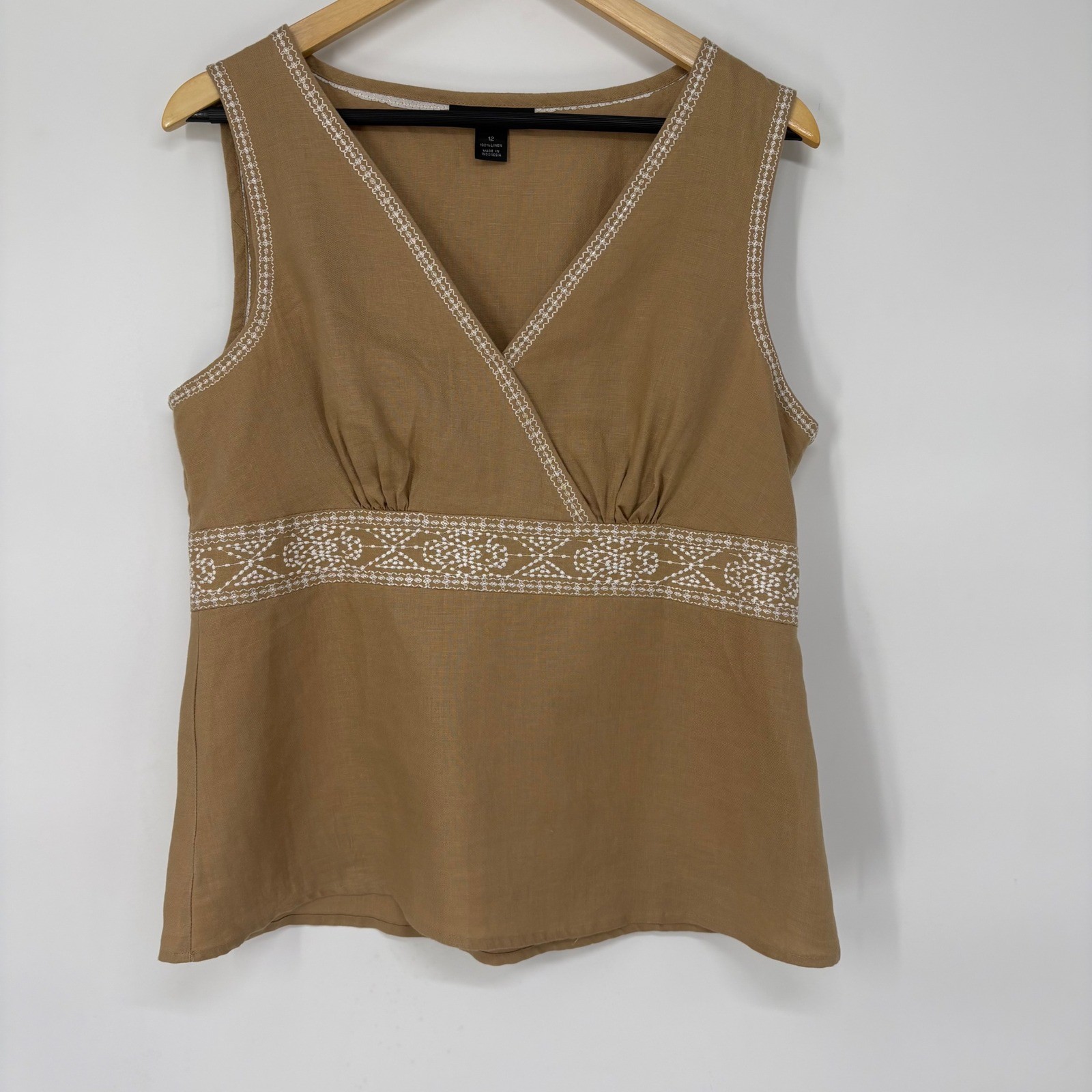 Womens Beige 100% Linen Embroidered V-Neck Empire Waist Top Size 12 Coastal