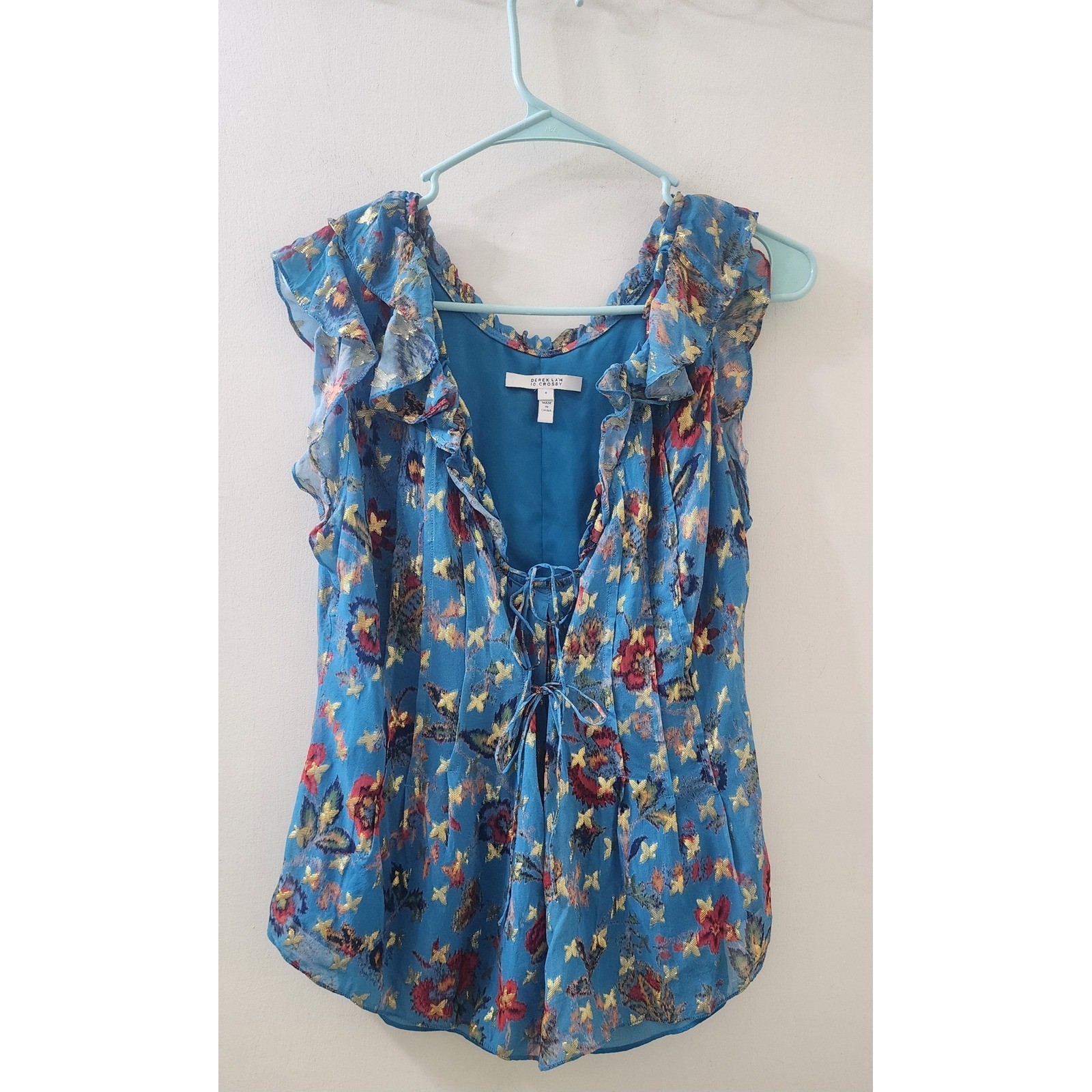 Derek Lam 10 Crosby Blue Floral Metallic Silk Blend Ruffle Lace Up Blouse Size 8