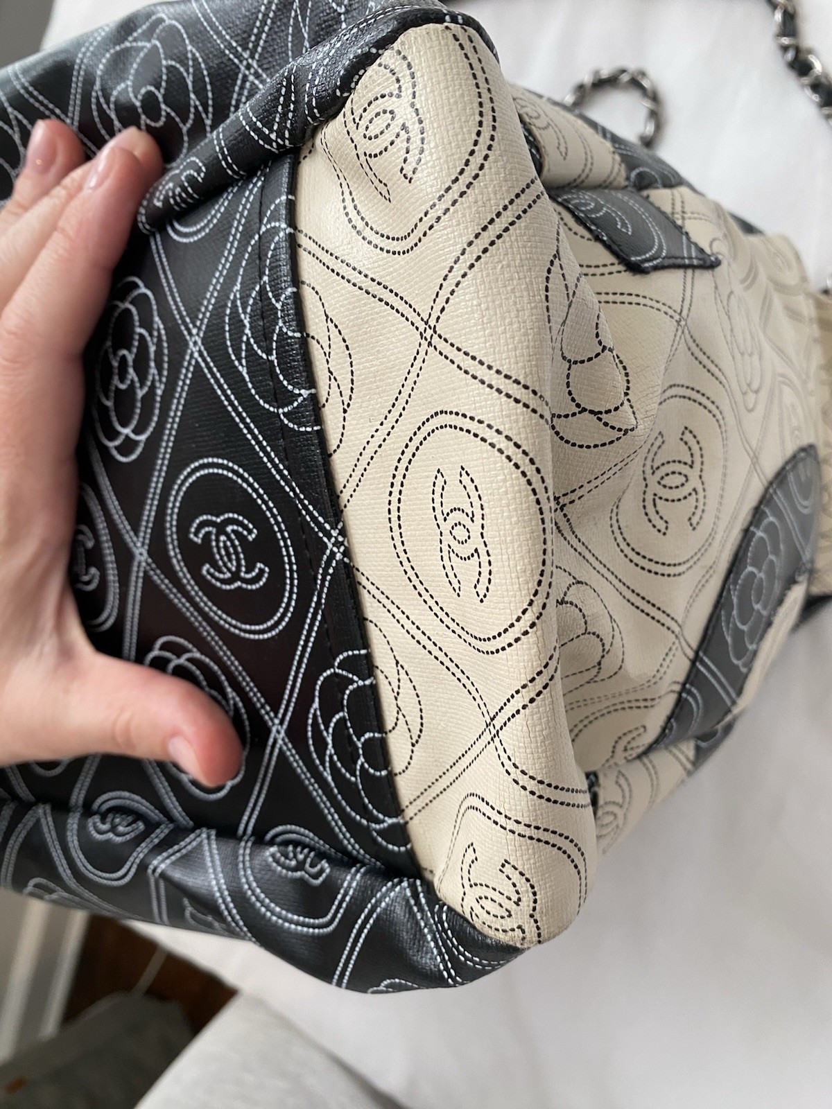 CHANEL Large Deauville Camellia Shopping Coated Canvas Tote Bag Black Beige✨