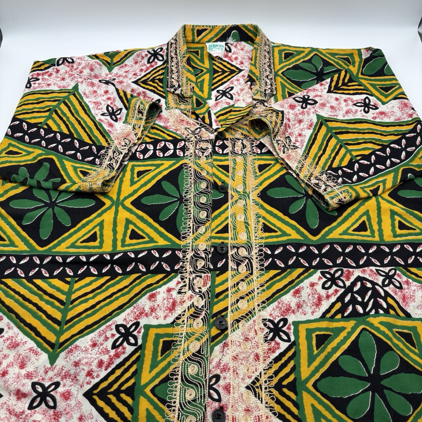 Vtg 90s Charles Smith Kenya 100% Cotton Embroidered Tunic Shirt Pockets L
