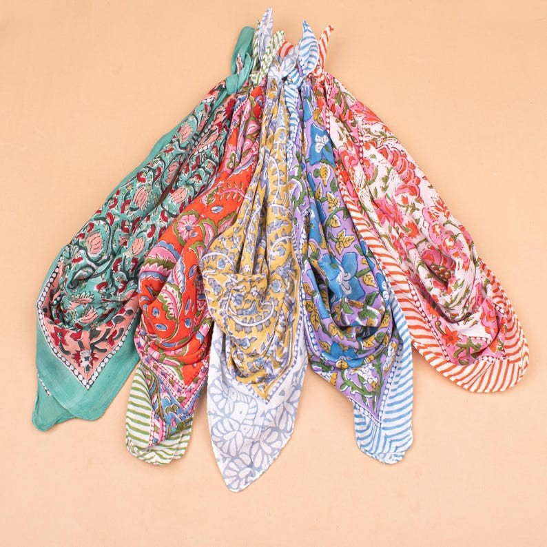 Organic Cotton Bandana Set Of 5 : Hand Block Printed Hair & Neck Wrap