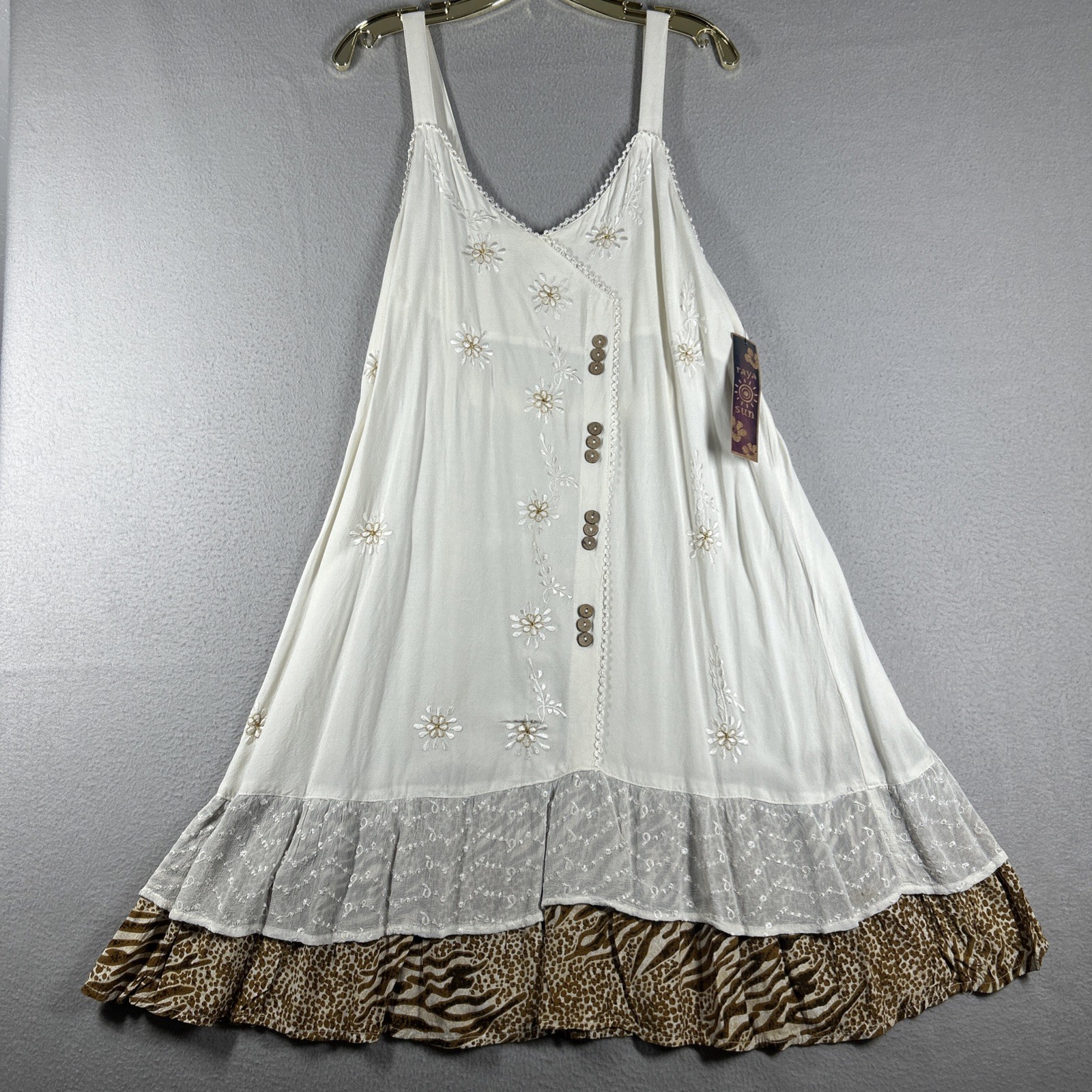 Raya Sun Women’s Size XL Boho Embroidered Sundress Lace Trim Hand Wash Beige 38”